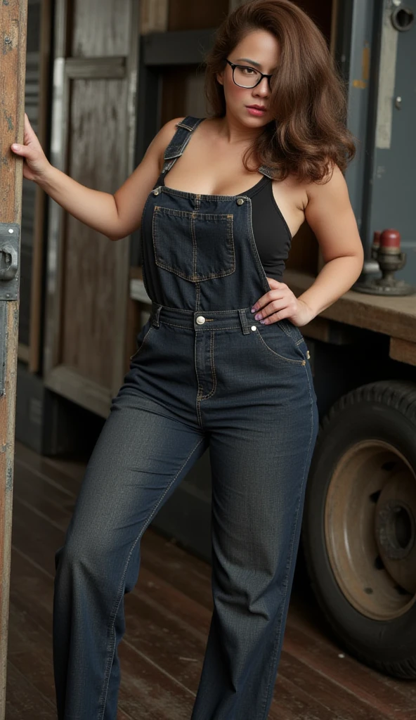 overweight Chubby girl, topless nude showing small breasts, wearing jeans jacket, black panties, boots, black short hair, full body, inside dirty warehouse