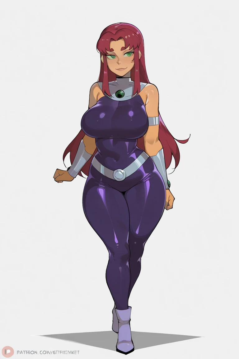 ((plain background:1.2, 1sologirl)) full body standing barefoot hands on waist navel, very purple skin, drow, elf, Madura, Detailed happy face, purple eyes, white hair bob style, gold bikini, well defined six pack abs, Large knockers, golden gloves