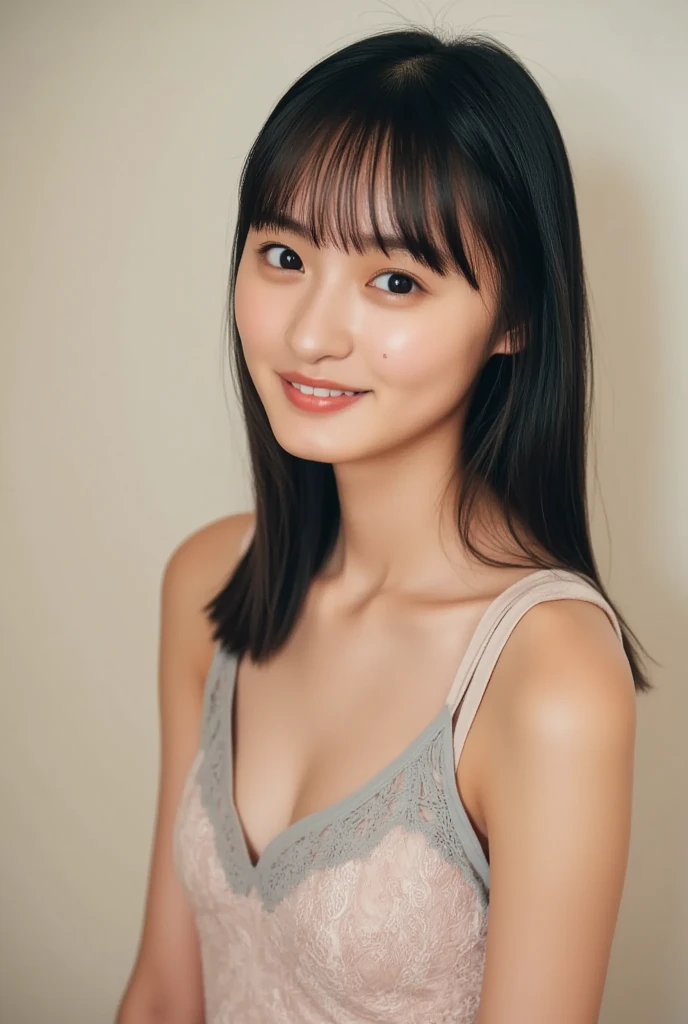 Beautiful 23 year old woman。she is wearing a satin camisole。Lace on the chest and hem.。She looks ecstatic as if she had an orgasm during sex..。her dark brown hair、、her hair is long。High resolution、masterpiece、highest quality、Head w:1.0、((Hasselblad Photos))、fine skin、fine knit、(movie lighting)、clavicle . she has her eyes closed but is smiling.