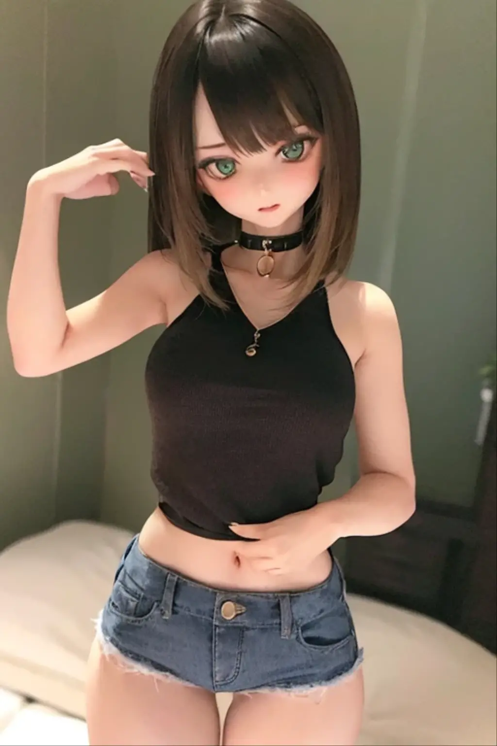 (SFW:2), photorealistic, realistic photo, ((highest quality)), ((masterpiece)), (extremely detailed), kukolnydom, doll, (mature woman, 22yo, 22 years old:1.6), solo, ((cowboy shot, dynamic pose)), (skinny, slender, slim, light smile, parted lips), green eyes, brown hair, (looking at another, gradient eyes, shining eyes, detailed eyes, detailed face, tank top, hot pants, choker:1.3), room, 8k