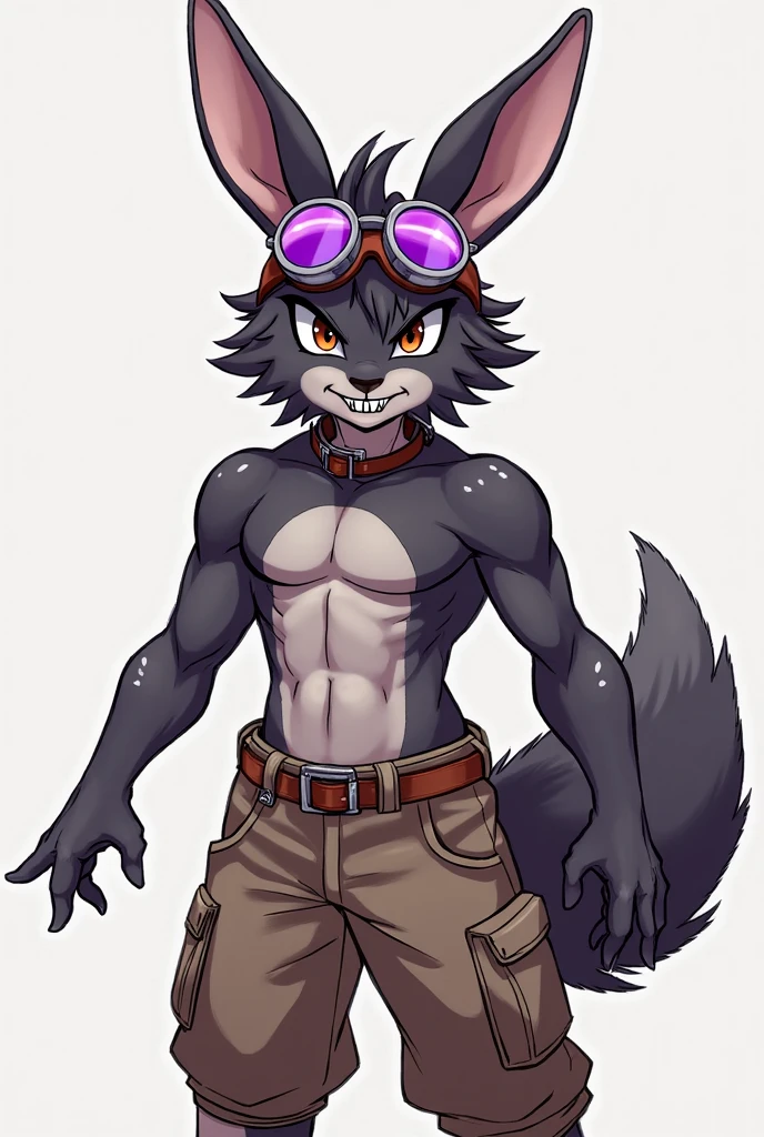 Male, robot Gray wolf, detailed green eyes, long tail, big nipples, slim, sly, simple background,, smirk, bulge,  goggles, tail wrapping around body