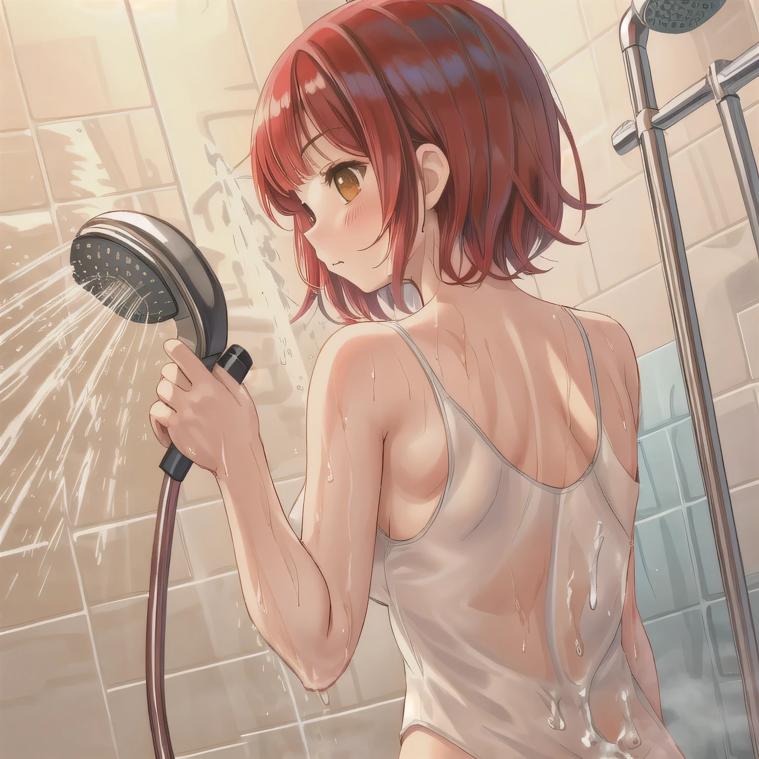 、(masterpiece、Highest quality)、Highest quality, Ultra-high resolution, (((masterpiece))), alone, Sweat、Big eyes, Composition from the front、Shortcuts、Embarrassed face、Bronze Hair、Short back hair、Bathroom、Shower scene、 exposed、Completely naked、pubic hair、belly button、Large areola、Nipples、short hair