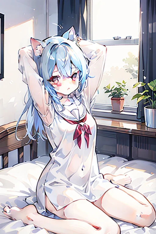 masterpiece, best quality, partially unbuttoned, loli, kawaii, long hair, ahoge, beautiful detailed eyes, aqua eyes, eyeball, heart in eye, cat_ears, seductive smile, nose blush , shy, blush, endured_face, medium breasts, sailor shirt, bare legs, no legwear, skirt lift, side-tie_panties, spread legs, lying , tai, wet