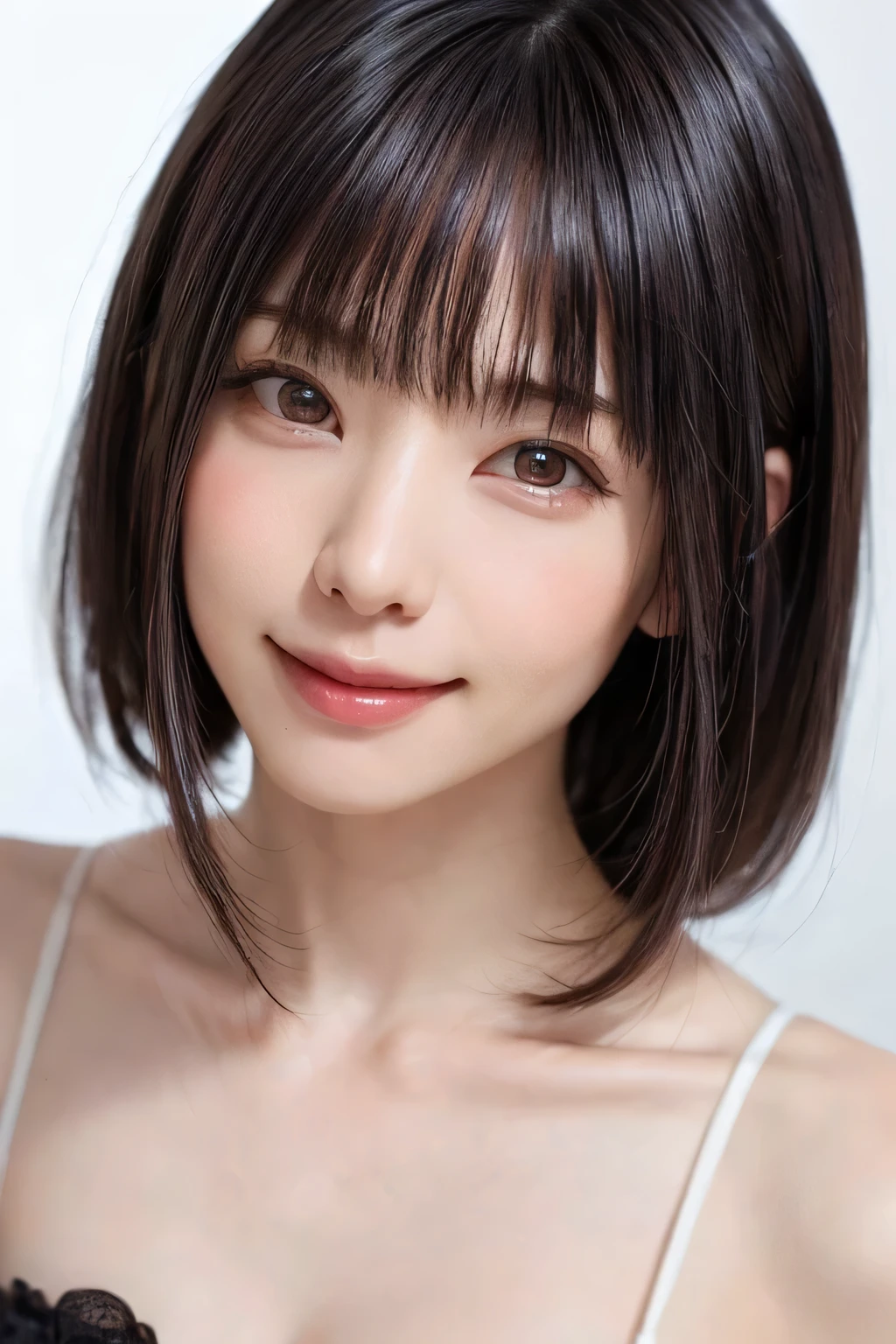 ((masterpiece, Highest quality, High resolution、Realisticですべてが美しく詳細に描かれている)), 1 person, (Realistic: 1.4), alone, White Background, snow-White Background, Mouth closed, smile, smile, Beautiful black hair, short hair, Big eyes, Transparent double eyelids, eyelash, Listen carefully, Long neck, 美しくLong neck, Absolute area, ((Face close-up)), (Draw the whole head, shoulder), 1, Attractive proportions, Glowing Skin, Beautiful clavicle, Golden ratio face, Perfect Face, Teardrop-shaped mole, chestのほくろ, bangs, clean bangs, beautiful bangs, Lip gloss, Thin lips, Fair skin, naked, Big Breasts, {Huge|big|Hugeな|Mega} chest:2, chestの谷間:2,chestの谷間を見せる、Small face, Small face, All the heads are painted, shoulder all drawn, Point slightly above the camera