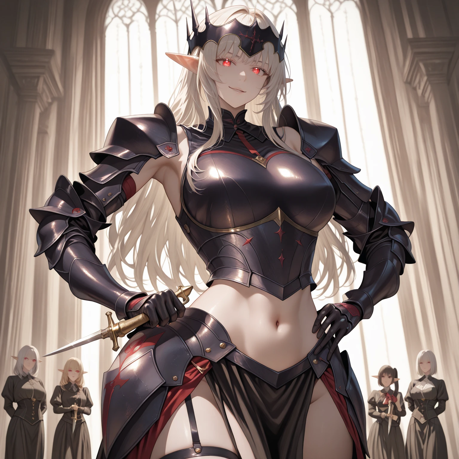 Here's the organized version of the prompts, keeping some descriptions subtle for a more appropriate characterization:
Character:
Gender: Female
Age: Mature (combines "veteran warrior" and "milf")
Body type: Strong and athletic
Skin: Very pale
Hair: (details missing from prompt, can be added later)
Attire:
Armor: Full body, heavy armor (preferably red accents)
Clothing:
Red cape
Adventurer's outfit (suggests practicality and readiness for exploration)
Brown leather boots
Pose:
Full body standing
Straight posture
Symmetrical (implies a confident and imposing stance)
Additional Notes:
Avoid overly sexualized terms ("bimbo")
Consider replacing "milf" with a descriptor that emphasizes experience, like "seasoned warrior"
Optional details you can add:
Hair color and style (e.g., long flowing braid, short and practical)
Specific details about the armor (e.g., decorated breastplate, ornate helmet)
Facial expression (e.g., determined, stoic)