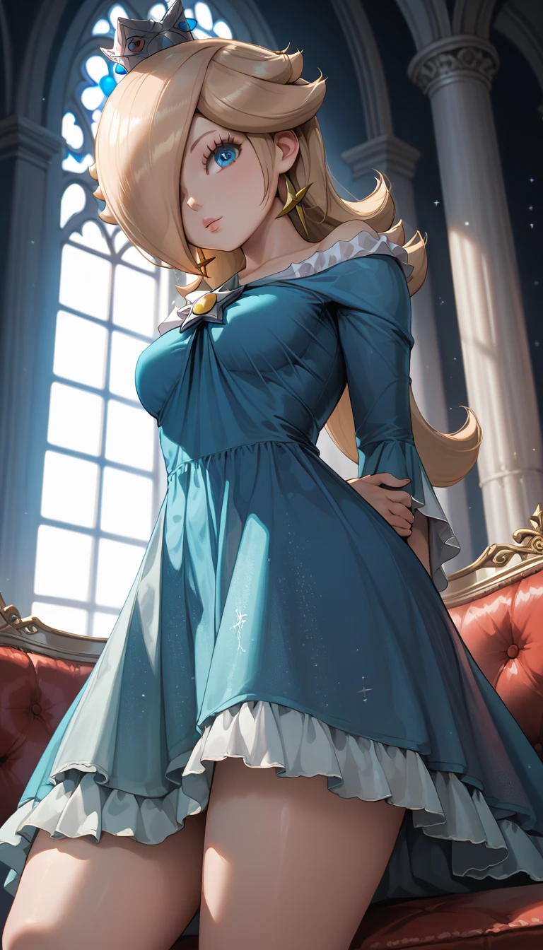 solo focus, a blonde princess with long braided hair and wearing a light blue gown seduces a blushing dark haired maid, finger on lips, mischievous, playful, lesbian, bedroom, palace