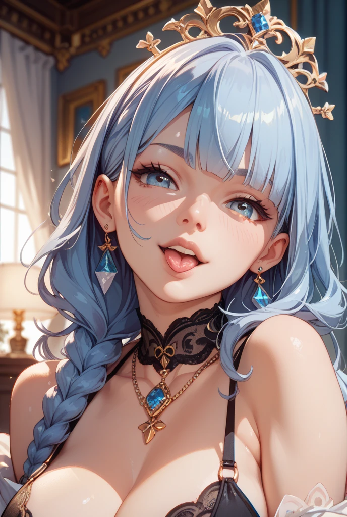 close-up of a beautiful woman'face, gorgeous eyes, Complex, cleavage, soft lips, smile, Naughty, captivating gaze, 、jewelry、from the waist up、small breasts、