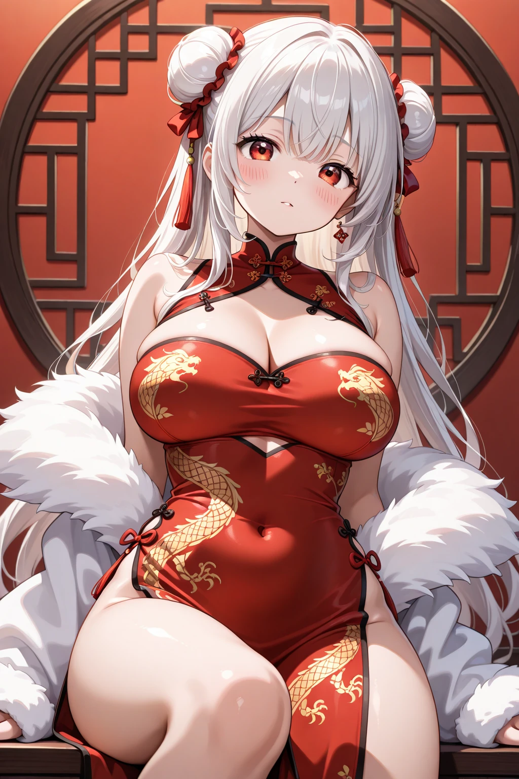 a happy new year,Dragon,(8k, best quality, tmasterpiece:1.2),\(eye detailed\),\(Facial features\),(\(Clothes detail detailacial focus) ,Very detailed CG unity 8K wallpaper,hugefilesize,ultra - detailed,A high resolution,absurderes,beautidful eyes,Ray traching,dramatic shadow,finely detailled,Dramatic angles,Hyper-detailing,(1 girl:1.3),(Solo),grown woman,Dragon Girl,Dragon's horn,gigantic breasts,sagging breasts,large breasts,China Cheongsam,Dragon dance