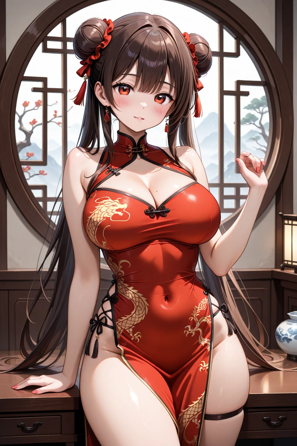 (masterpiece, best quality, hires, high resolution:1.2, 4k, 8k , high quality), extremely detailed, realistic, intricate details, highres, 1girl, solo, red long hair, blue eyes, blush, freckles, (large breasts, thick thighs, wide hips), arched back,(cinematic lighting, sunlight, perfect lighting, backlighting), eye-level shot, extreme close-up-shot, looking at viewer,
<lora:LaGaVerSidelessChinaDressV2f:0.8> china dress