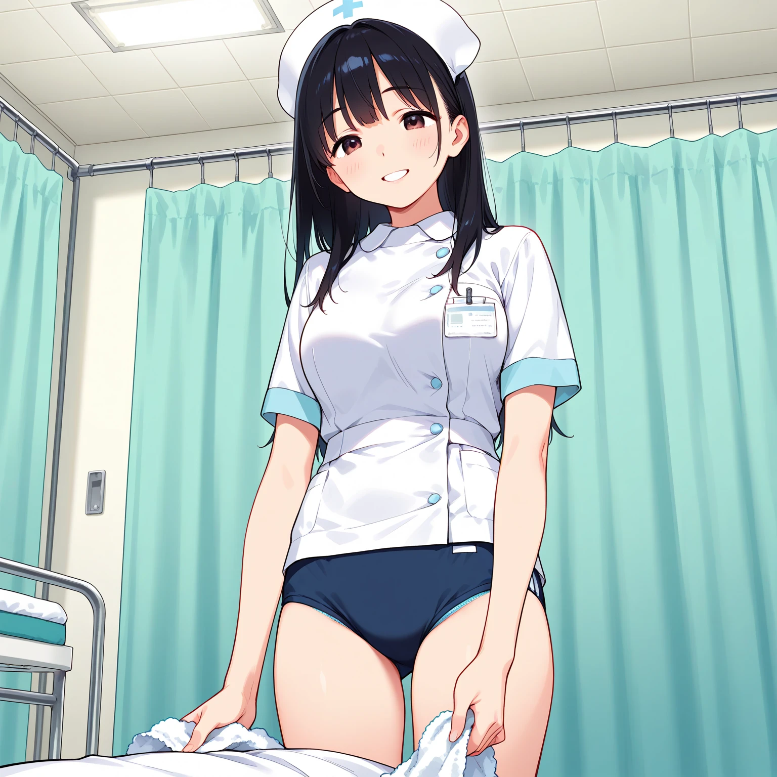 (masterpiece:1.3, best quality, extremely detailed CG, super detailed skin, 4fingers and 1thumbs, (seishirou tsugumi, big breast, solo), squatting, spread legs, Nurse uniform, show off nipple, beautiful nipple, open breast clothes, show off panties, lace white panties, very short skirt, lift skirt, shoes, embarrassed, bedroom, front view,