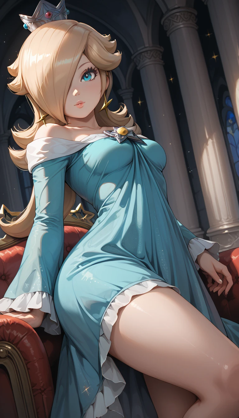 Rosalina, Rosalina, Blonde hair, blue eyes, hair over one eye, long hair, BREAK blue dress, crown, dress, earrings, jewelry, princess, cape, star earrings, BREAK night, night sky, sky, star \(sky\), star \(symbol\), space, sun, BREAK looking at the viewer, (cowboy photo: 1.5), BREAK (art: 1.2), best quality, high resolution, 8k unity wallpaper, (art: 0.8), (beautiful detailed eyes: 1.6), extremely detailed face, perfect lighting, extremely detailed CG, (perfect hands, perfect anatomy),