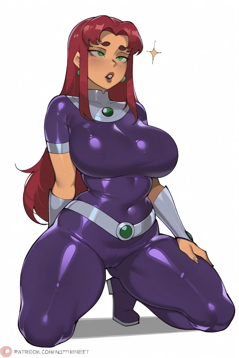 20 year old woman, busty, bubble butt, hourglass figure, skinny, blushing, tired expression, horny, exhausted, long hair, purple hair, wavy hair, wearing belt, latex crop top, latex pants, cleavage, tight fitting clothing, underboob, gray background, anime, flat colors, dynamic pose, hands on chest, heavy make up, kissable lips, red lipstick, low camera angle, seen from below, dynamic camera angle