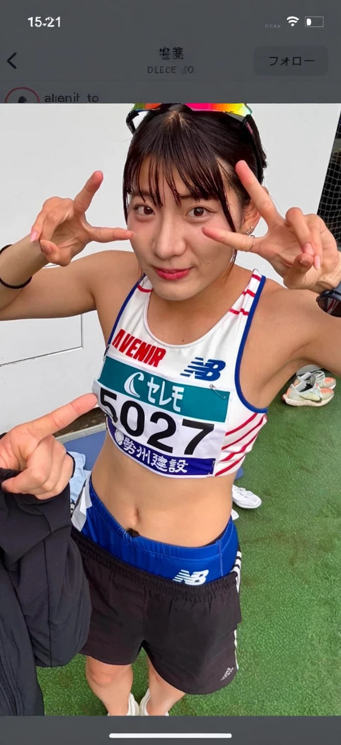 Best-quality, Masterpiece, Ultra-High-Resolution, (Photorealistic:1.4), Raw-Photo, Extremely-Details, Perfect-Anatomy, 1girl, 18-years-old, the most famous Japanese idol, (running at marathon competition, (((wearing only colorfu-marathon-uniform with cute-design)))), innocent smile, ((upturned ass)), ((extremely cute face like a most popular Japanese idol, extremely beautiful big-black-solid-circle-eyes, extremely beautiful black-short-cut-haired)), extremely beautiful skinny-body, extremely beautiful thighs, detailed marathon-competition, detailed colorful-marathon-uniform-with-cute-design