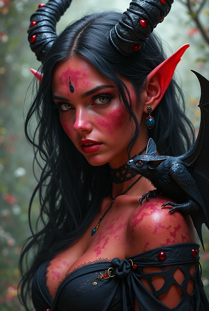 masterpiece, illustration, ultra detailed, beautiful,detailed face, best quality,beautiful detiled eyes,perfect body,official art,grand plix award illustration,professional lighting,cowboy shot,pov,(1girl,succubus,black long hair,black eyes),medium breast,succubus costume,deill wings,devil horns,demon tails,pubic tatoo,seductive smile,ancient castle