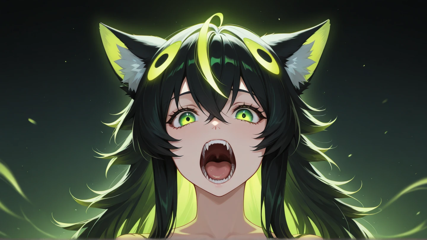 (fluffy anthro furry :1.6),cat girl, green long hair,wavy hair,green fur,pink eyes,glowing eyes,neon eyes,neon light,nightclub,naked,full face blush,smile,open mouth,mouth full of saliva,fangs,heart eyes,hearts eyebrow,heart eyes expression,two hands selfie,heavy breath,very hot,wet body,wet breasts