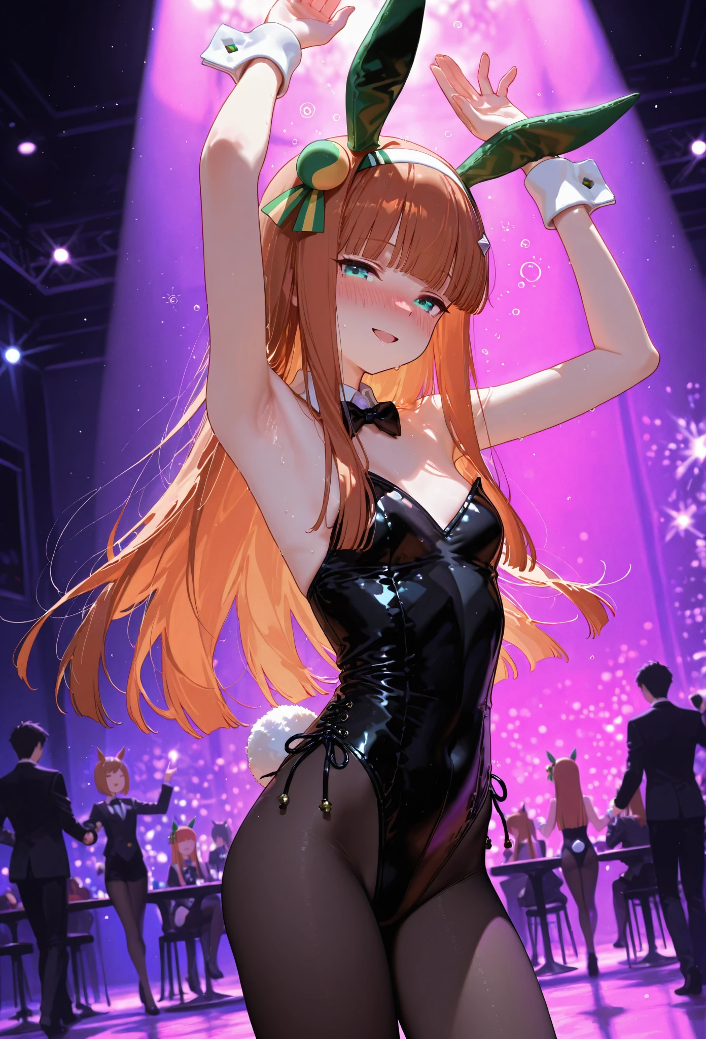 masterpiece, best quality, very aesthetic, absurdres, full body shot, 1woman, beautiful rabbit, detailed highest part of bunny ears, night club, focus on bunny's ears