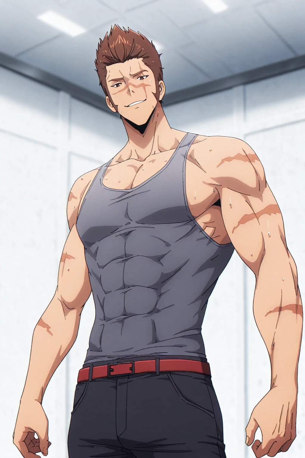 Kiritsugu is sitting and flexing his arms. He wears a black tshirt with short sleeves. His right sleeve is completely rolled up, so you can see his entire arm and shoulder. He wears black short boxershorts. You can see his thighs completely. He has a huge bulge. You can see his abs too. He is admiring his arms.