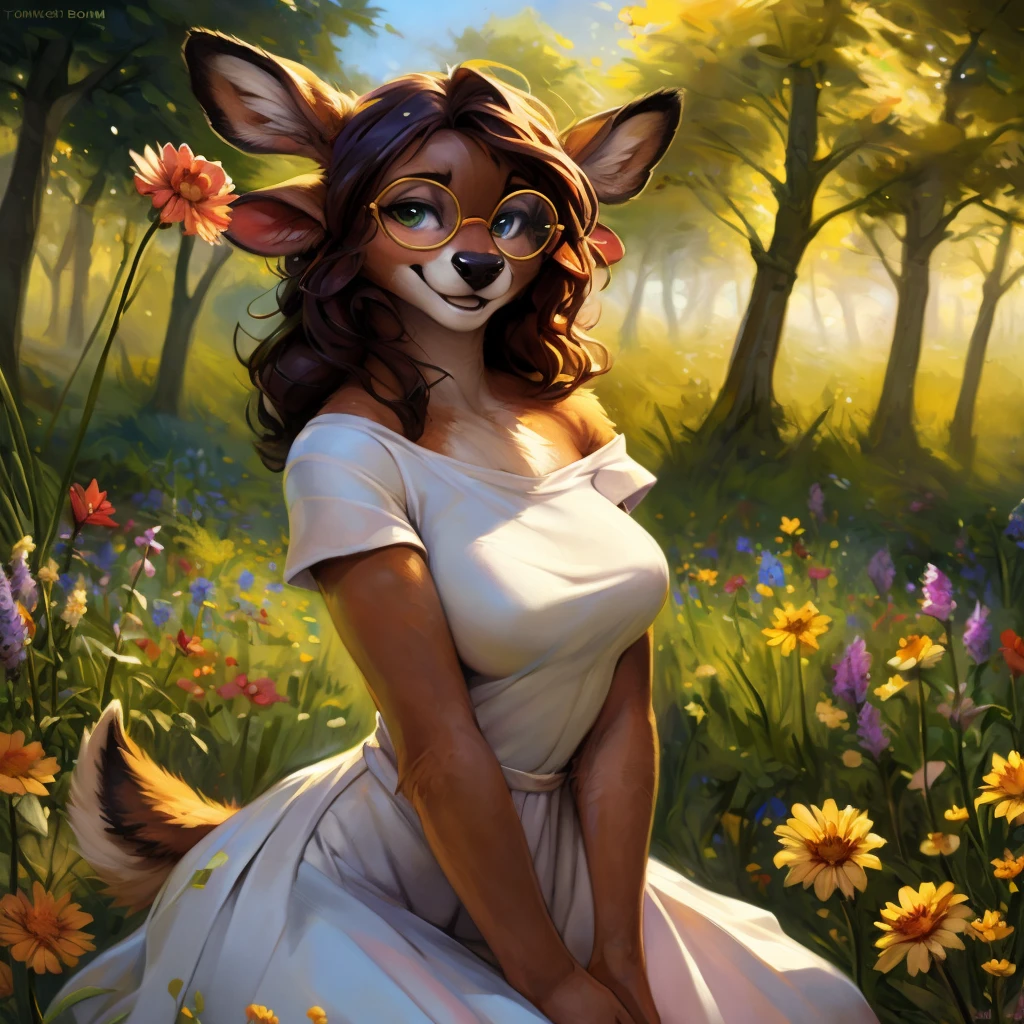 4k, high resolution, best quality, masterpiece, perfect colors, perfect shadows, beautiful and detailed portrait of a (((feminine))), realistic forest, grass, bushes, leaves, several flowers, ((detailed background)), detailed trees, blue sky, sunny weather, perfect lighting, posted on e621, (by Chunie, by Einshelm), sexy furry, anthro, furry art, ((portrait)), Female Deer, (young deer girl with deer cock), (cervine penis), detailed brown fur, furry bodyy, fluffy, fluffy doe tail, doe ears, body fur, chin fluff, muzzle, Big fluffy chest tuft, big fluffy neck tuft, fluffy neck, fluffy chest, chest, nipples, Lots of fluff, long eyelashes, Beautiful light blue eyes, fit body, perfect body, detailed fur, detailed face, ((cinematic lighting)), (detailed eyes), perfect pupils, hips, medium legs, small breasts, Fluffy neck, Arms white, breast focus, looking at viewer, blushing, shy gaze, embarrassed