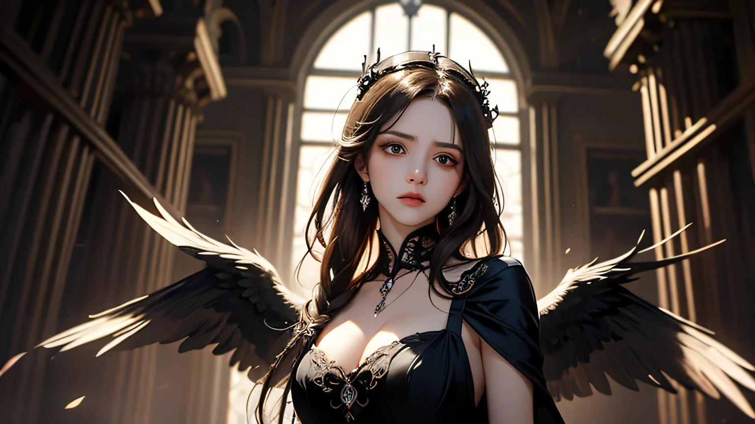 （Award-winning digital artwork：1.3） af （sketching：1.3），（with dynamism：1.3），（Saturation：1.3），（Close portrait：1.3），（femele：1.4），（big breasts beautiful： 1.4),(carismatic:1.3),angelicales，Perfect Detailed Eyes，Bright magic，Church background，Large breasts，complex patterns，Film filter, ，dramatics，dynamicposes，illusory engine， (High detail: 1.9)，mystic symbols，black toga，massive wings，Black wings，red color eyes，arrogant look