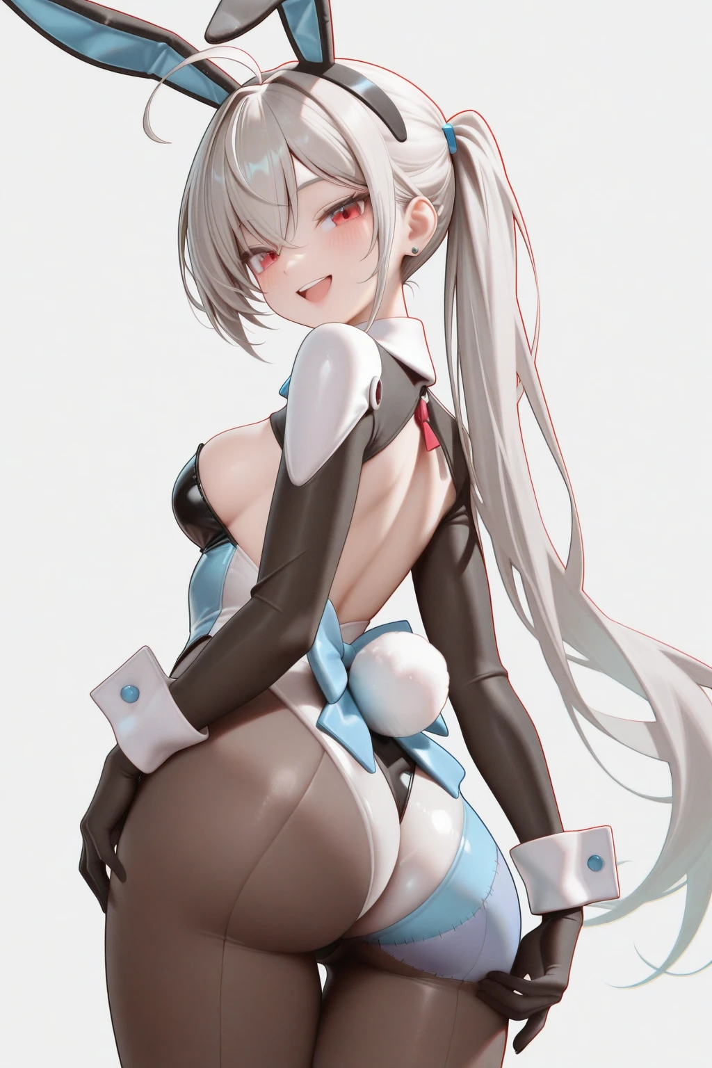 Anime character with rabbit ears and white bunny suit, chic, slender line beautiful girl, seductive anime girl, shiny white skin, 3D white shiny thick, otpipe lo potion, biomechanical, white shiny skin,, smooth anime CG art, god of white hair, long straight hair, ahegao, shikamimi, perfect gray haired girl, yellow eyes, star pupils, squatting with wide open knees, mekosuji, white stockings with a rough mesh,