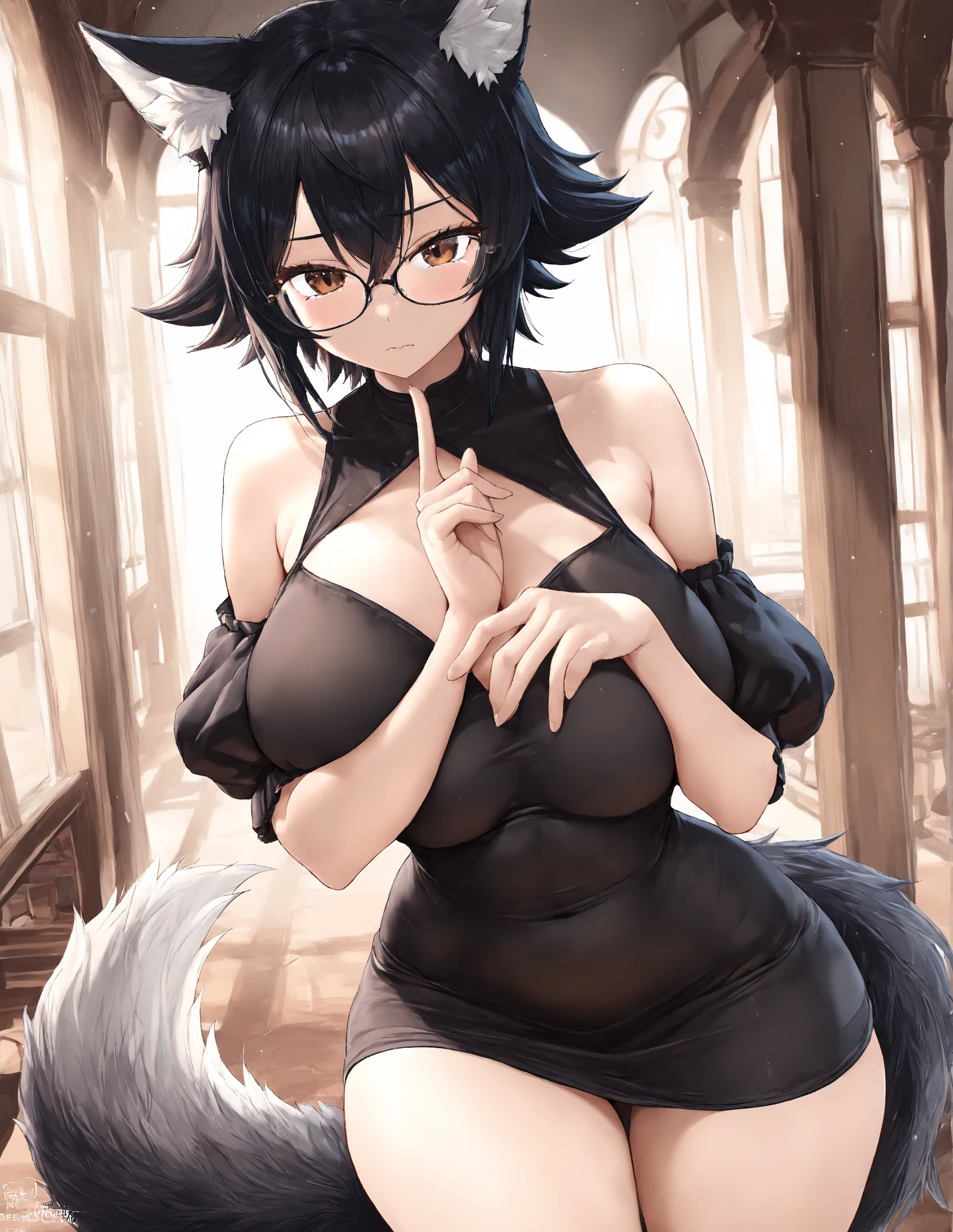 masterpiece, best quality, ultra detailed, detailed eyes, sparkling eyes, nsfw, ((large breasts)), A cat girl in her, long black hair with purple tips, blue eyes, cat ears and a cat tail. Wearing black round glasses, a black crop top, a cropped waist shirt, and a light purple silk short jacket showing off the shoulders. black short skirt