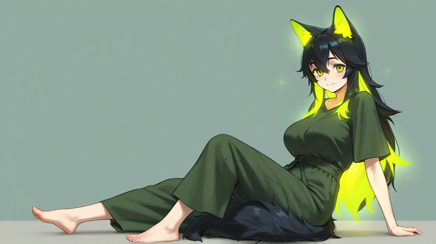 Highest quality,High resolution,1People Girl,whole body,fine,smile,looking at the camera,Bedroom,ponytail,Black Hair,Yellow-green eyes,Sailor Leotard,beautiful girl,Cat ear,Cat tail,