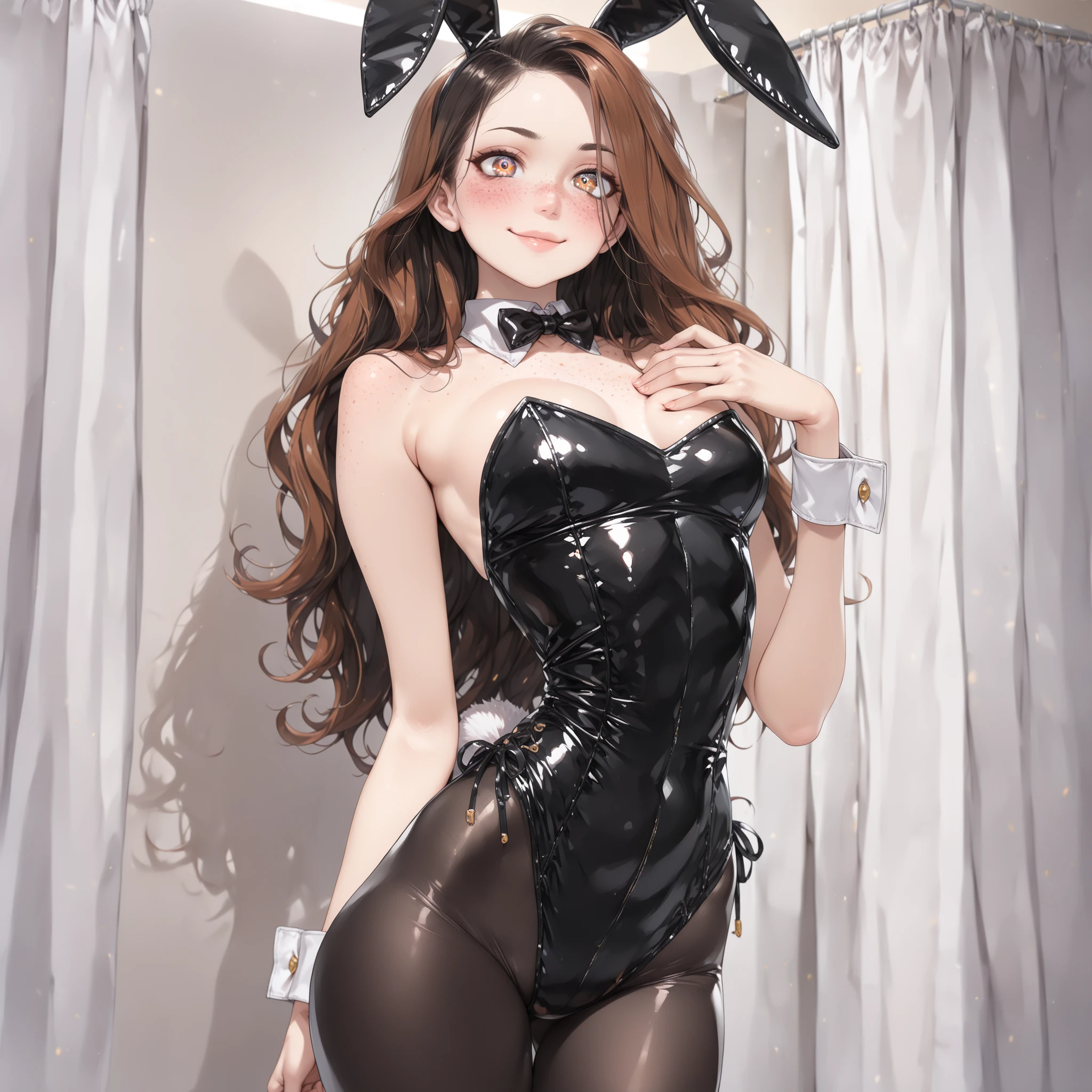 Highest quality、Highest quality、detailed、Adult women、(Bunny girl)、tights、Enamel Bunny Suit、Sit on the bed、((Spread your legs wide))、Spread the with your fingers、Urban bedroom、Foliage plant、Brown short hair、Beautiful dark eyes、Beautiful Face、Delicate eyes、Smile with tongue out、Wink、