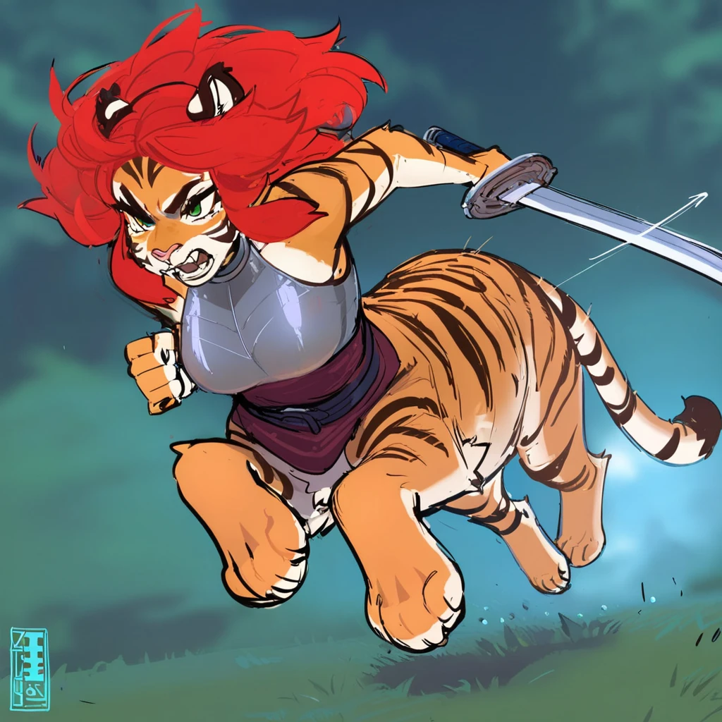 (masterpiece, best quality, ultra-detailed, absurdres, newest, detailed textures, correct anatomy, very aesthetic:1),  taur, centauroid, monster girl, holding weapon, breastplate, running, foreshortening, speed lines, blurry background, dynamic pose , 1girl, medium breasts, fel, tiger girl, tiger ears, red hair, anthro, tiger tail, solo, kenno arkkan