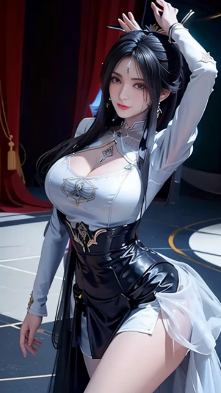1girl, mature female, looking at viewer, cityscape, night,fake animal ears, rabbit ears, jacket, shirt,skirt,hair ornament,huge boobs,huge ,exposing her chest,Show breasts,