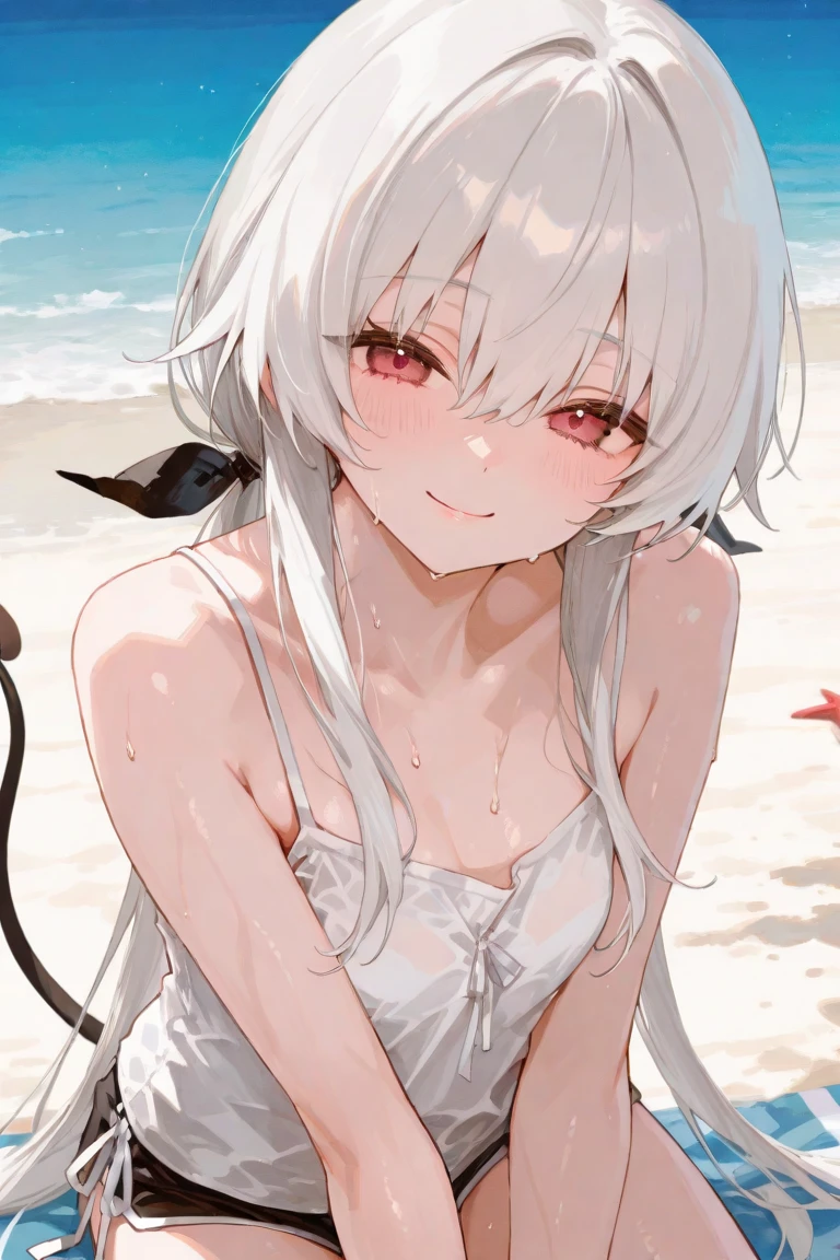beautiful woman, lying on the sand of a beach, wearing a bikini, long white hair, blue streaks at the ends of the hair, red horns, ocean in background, sunlight, lying on her front, anime style