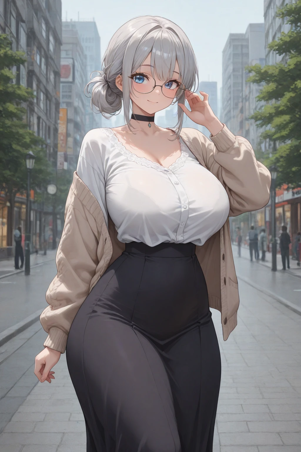 Anime. Young woman. Blind. Big breasts. Jeans. Peed herself. Wet jeans. Topic. Jacket. White cane. Walking down the street. Read. Nasal mucus. Cover your nose with your hand. Full body.