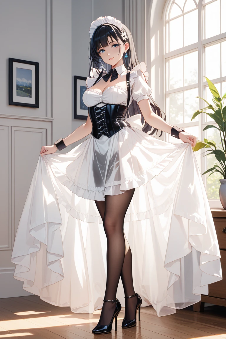 ((Biologically correct limb count))、(( From head to toe、Full-body photo including face))、4K、((Standing position))、masterpiece、((Focus on the face))、((Symmetrical facial features))、Eyes with detailed description、Beautiful woman、Great style、Beautiful arms、Beautiful legs、Beautiful Hands、(Small Ass、Thin thighs)、Facial detailing、Small earrings、necklace、(white latex wedding dress、skirt、corset、((High heels、White garter stockings)))、Face close-up、smile、Black Hair、((Alluring))、Walking with my head up、Panty shot、No bra、Snowy Grassland