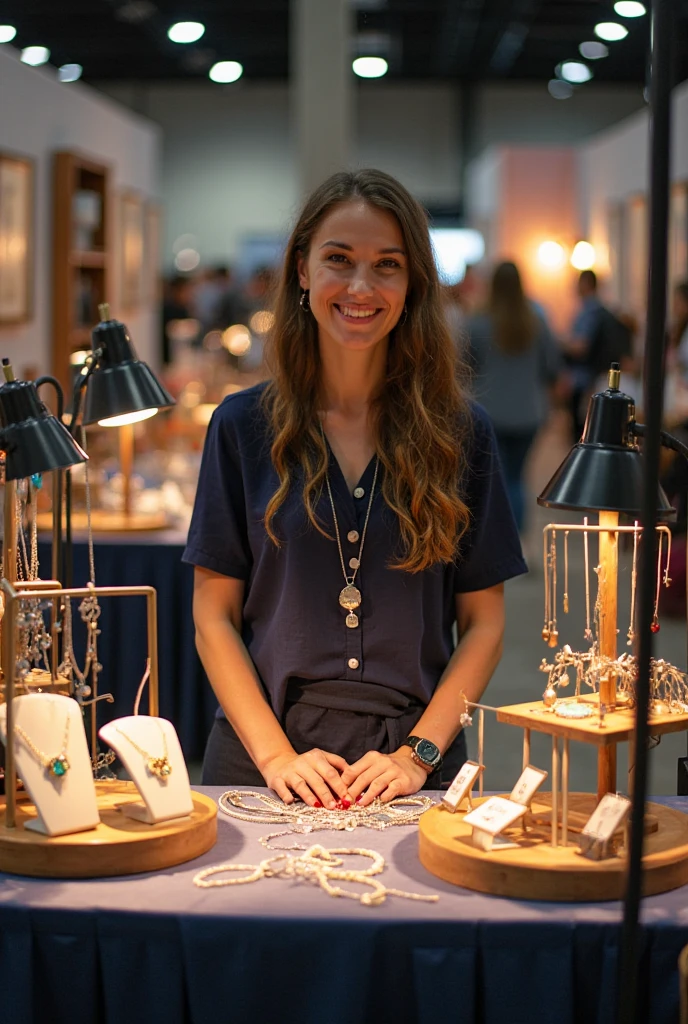 image of a girl with brown skin and medium curly black hair with blonde tips, sitting at a bead accessories production table, with a black blazer and a white blouse and bead necklaces and bracelets