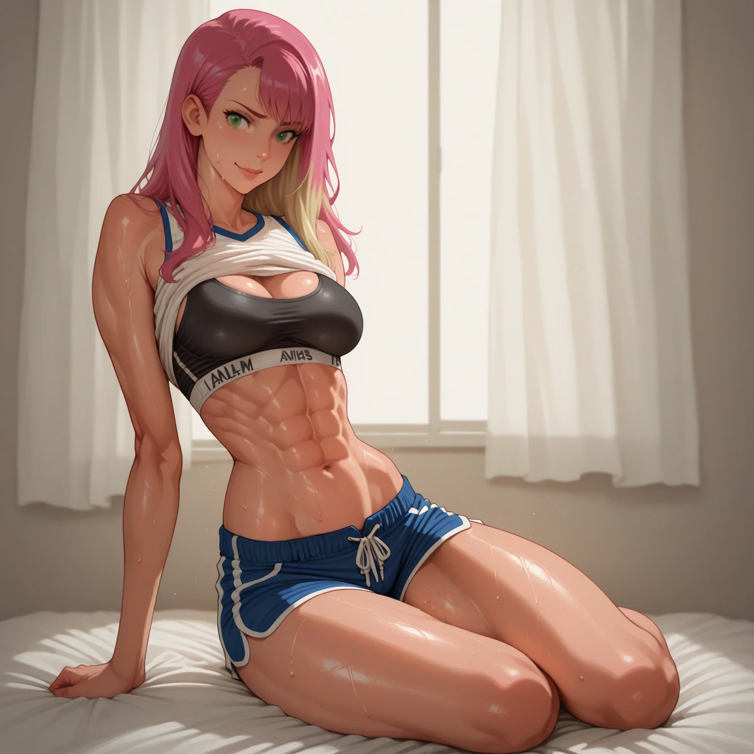 1 girl, (medium breasts))) (((wearing short bikini))) (long pink hair) (((blue eyes))) thin arms (in the motel room) (thin waist) (((muscular leg muscular belly, bare feet (((sitting on the bed with her legs crossed looking at me))) (twin tails) camera on the floor, black nails, perfect hands, perfect fingers and well detailed, one eye closed, Long Eyes, eye flare, happy, anime, anime style, ray tracing, reflection, drop shadow, panorama, Sony FE, 8k, UDisk, master piece, accurate, anatomically correct, Super Detail, best quality, ultra-high resolution