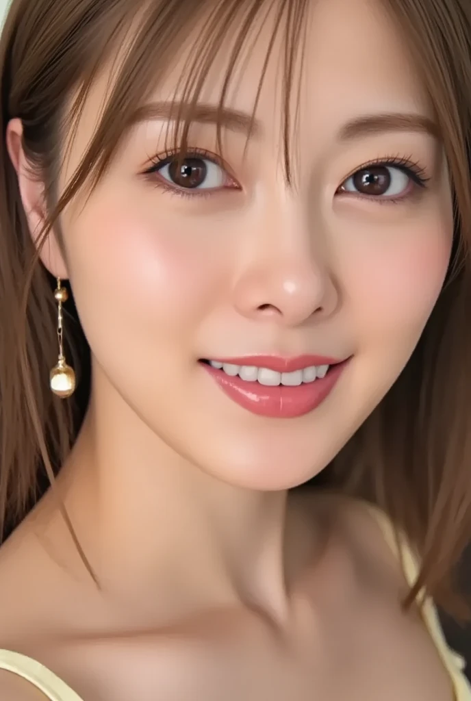 Beauty, Mystical Eyes、Big Boobs、Super sexy、Pale skin、Shiny Hair、Super long hair、Loose and fluffy perm、Close to blonde、Are fat、fat、smile、Heavy makeup、Pink lipstick、Thick lips、Moisturized lips、Plump、Voluptuous、Indian、looking at the camera、Has bangs、Bangs fall on the forehead、Frivolous、Gal High School Student、I'm rubbing my breasts、Young
