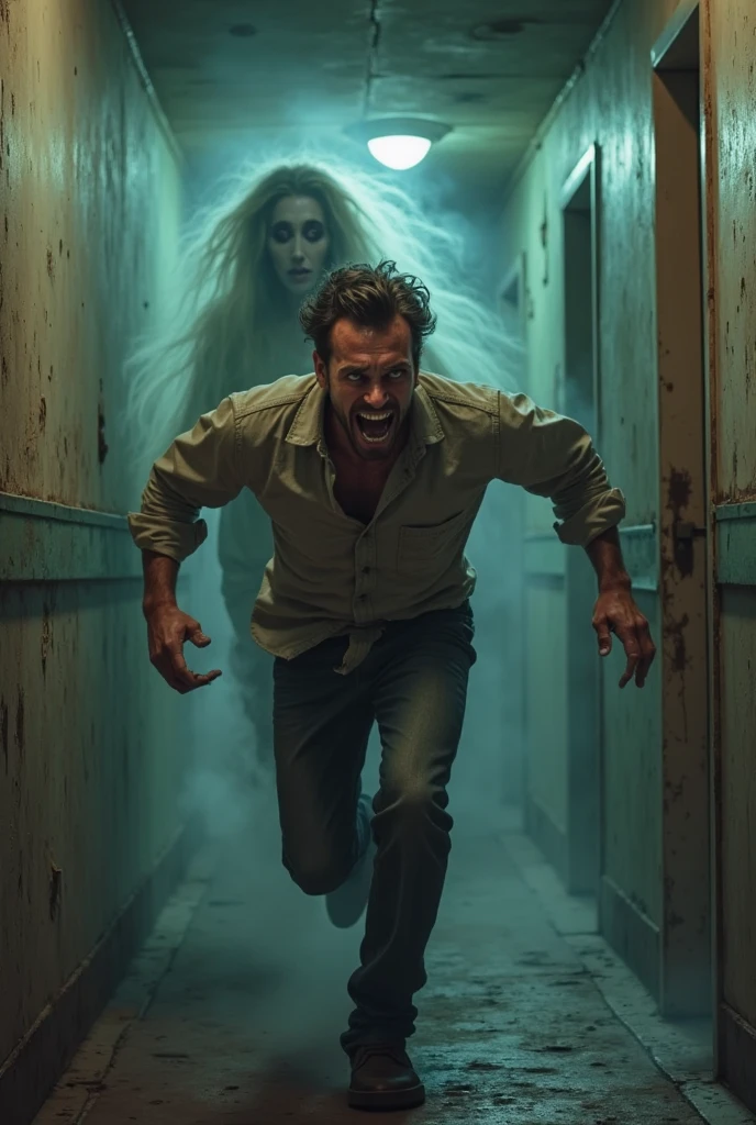 He is escaping from the ghosts while screaming