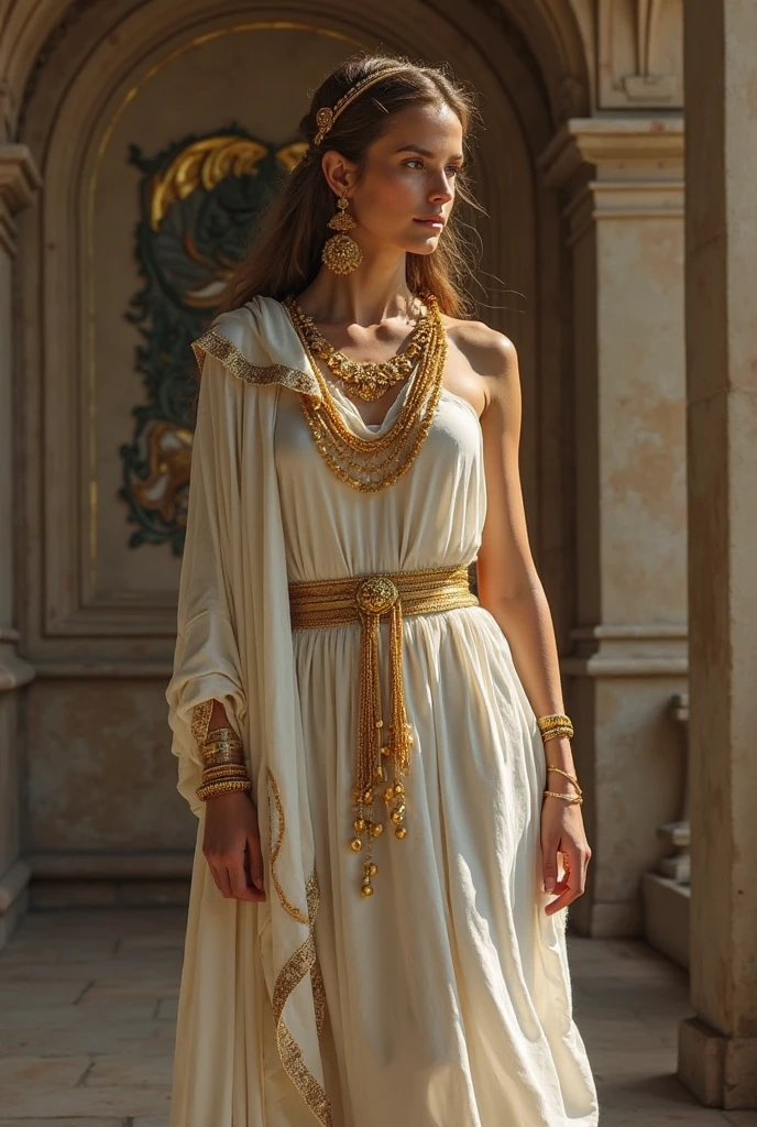 Close-up shot , View your viewers, BC　1st century,　Herodian King's wife, Mariamne 20 years old, Greek-style clothing of the Jews at that time,  Jewish girl, 18-year-old, (Light Gold Hair, Mid-length hair ,blue eyes, Beautiful Lips,  Small lips), (Gold crescent earrings, Gold Necklace, diamond Tiara), red wide belt (???????????, slender waist, Wide ????) ,  (wearing White an linen ancient Roman imperial tunic), (Blue Toga:1.3), Textured skin , HI Detail Skin, (Shorthand, Canon, 8k, Anatomically correct,  Super Detail, Attention to detail, Your Highness, 