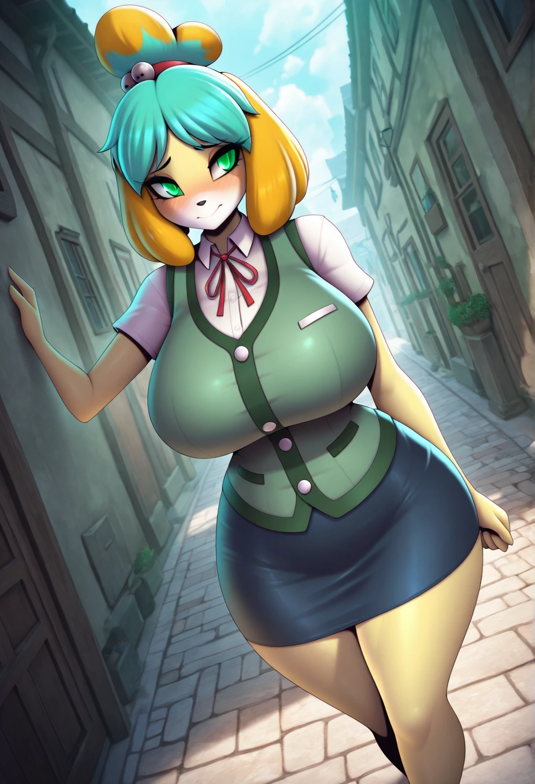 ((best quality)), ((masterpiece)), ((high resolution)), (high quality face), ((upscale face)), ((full body)), (high quality body), ((Anime style beautiful girl)), ((18 years old)), ((horns)), ((black tail)), ((very big breasts)), ((cleavage)), green short skirt, ((no shirt)), (black bra), blonde colored hair, (high quality eyes), green eyes, upscale eyes, green colored lips