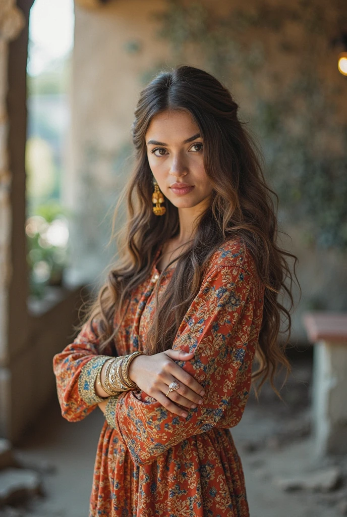 She is wearing a mix of Turkish and casual clothes and she is . Make her face closer in the pose.