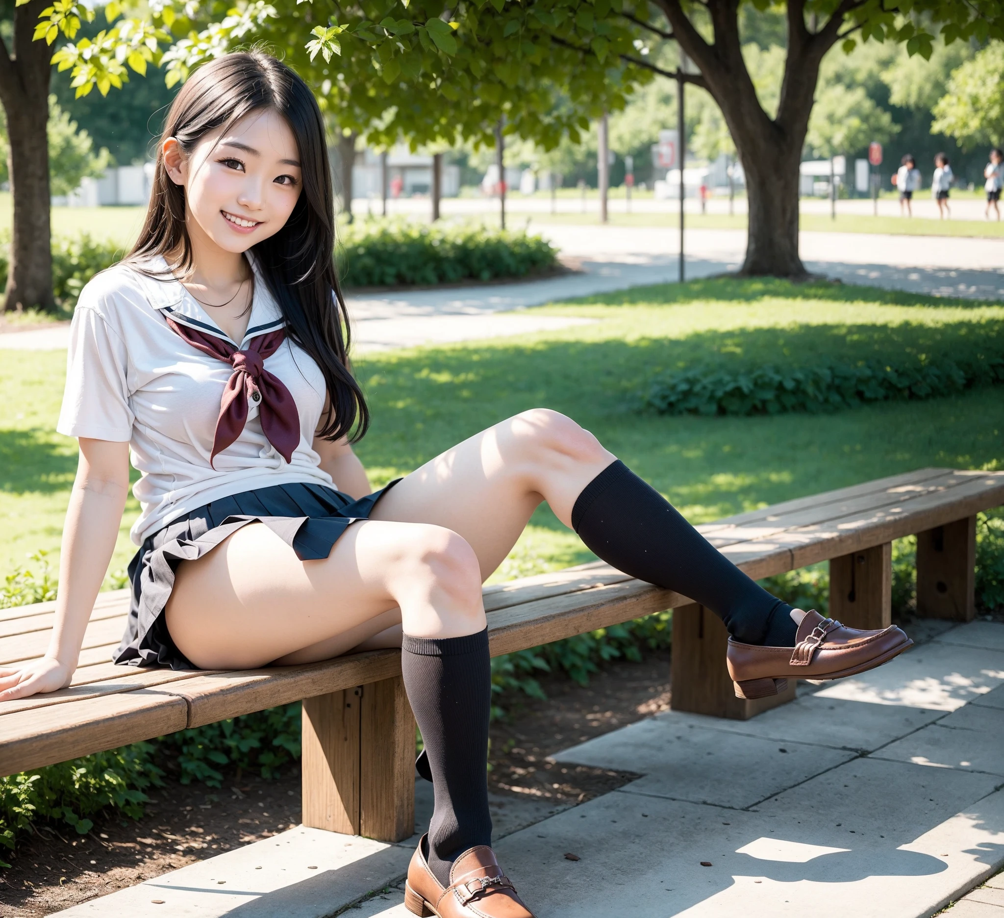 Pure Japanese school girl, sexual attractive, outstanding body, beautiful legs, wearing uniform and socks and shoes, panty, sweet smile, sitting on bench, refreshing in early summer park, composition from the front,