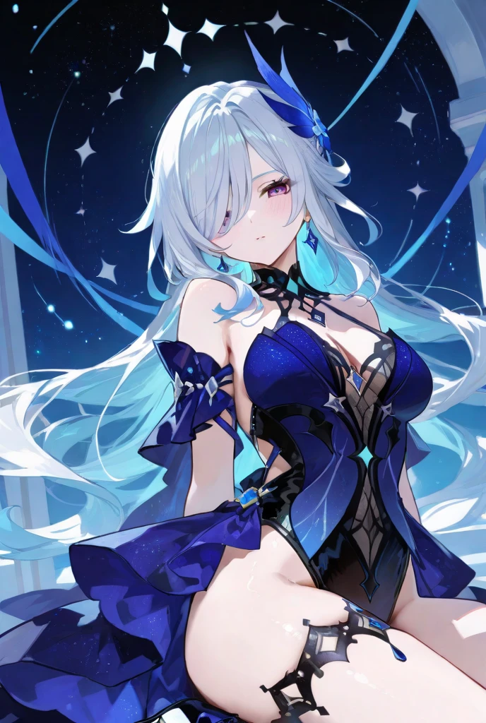 ((highest quality)), ((masterpiece)), (detailed), （Perfect Face）、The woman is Extia Spica, with long silver hair tied in two ponytails at the back.、She has red eyes, a gorgeous black long slit see-through dress that shows off her skin, a see-through cape with fur, a jeweled necklace, a tiara, earrings, a head dress-up chain, a waist chain, bracelets, anklet, etc.々She wears lavish jewelry and shiny black boots.