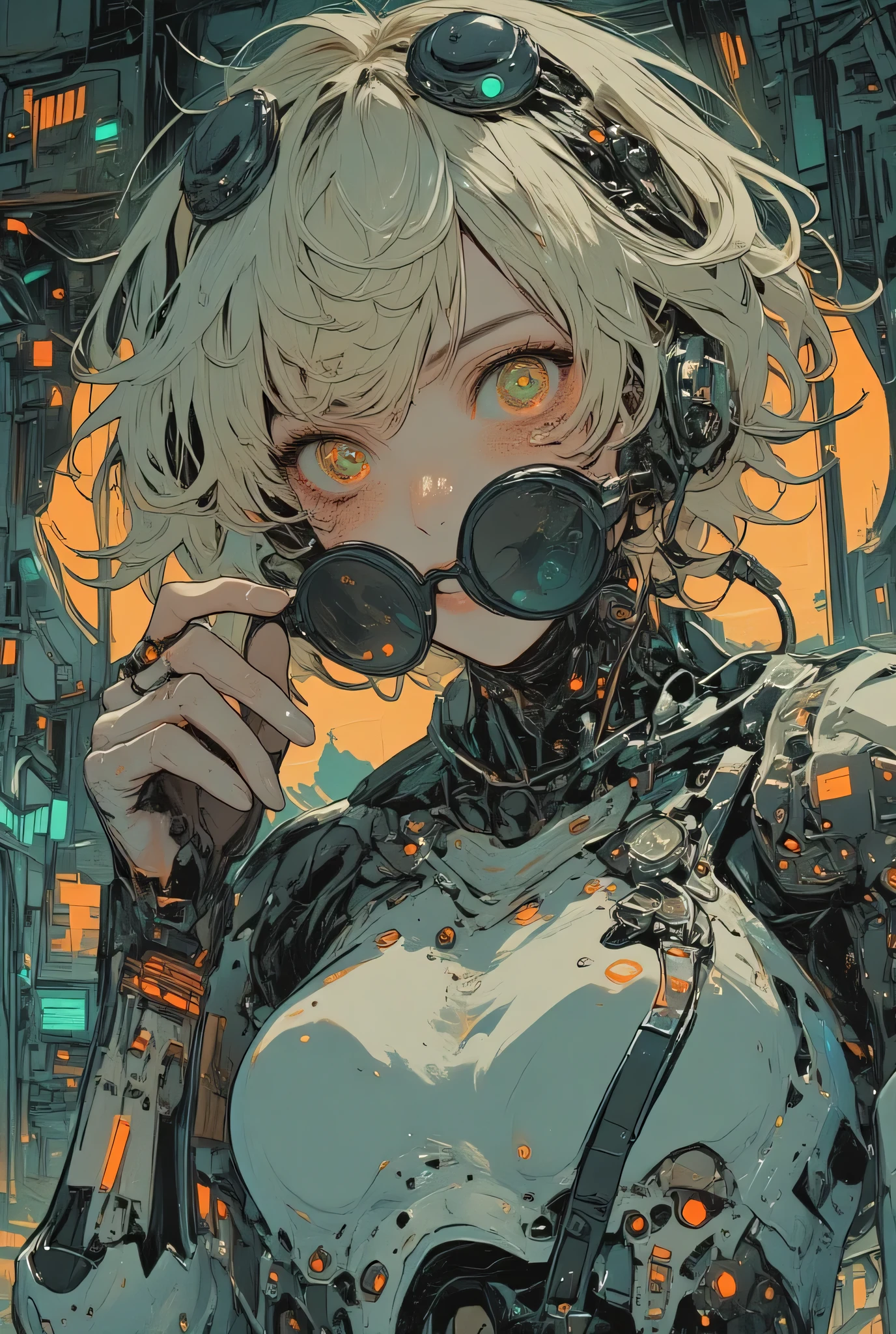 Beautiful cyborg girl, realistic skin texture, one hand removes black sunglasses and pulls them down close to her neck, mouth twisted in a smirk, (eyes are skull-like eye sockets revealing mechanical eyes), green eyes, natural make-up, platinum blonde hair, short fluffy hair, messy hair, asymmetrical bangs, looking at camera, (upper body from chest up), sharp focus, B cup bust, slim figure, realistic eye and facial details, depth of field, front view, (inside a spaceship with many instruments in the background), cyborg suit has LED indicators and meters,