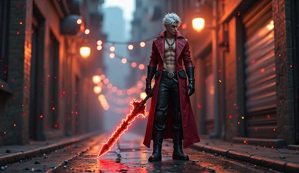 Male age 25, white skin, blue eyes, deep eyes, waist length hair, white hair, violet crecent moon on his forehead, scarlet red furry trench matrix gabardine open, black cargo pants, only left arm on violet flames, cyberpunk japanese style, chains around the belt, athletic, magic powers, action, sexy look, leather brown boots with metal pins, black cat nails, wushuu pose, night background