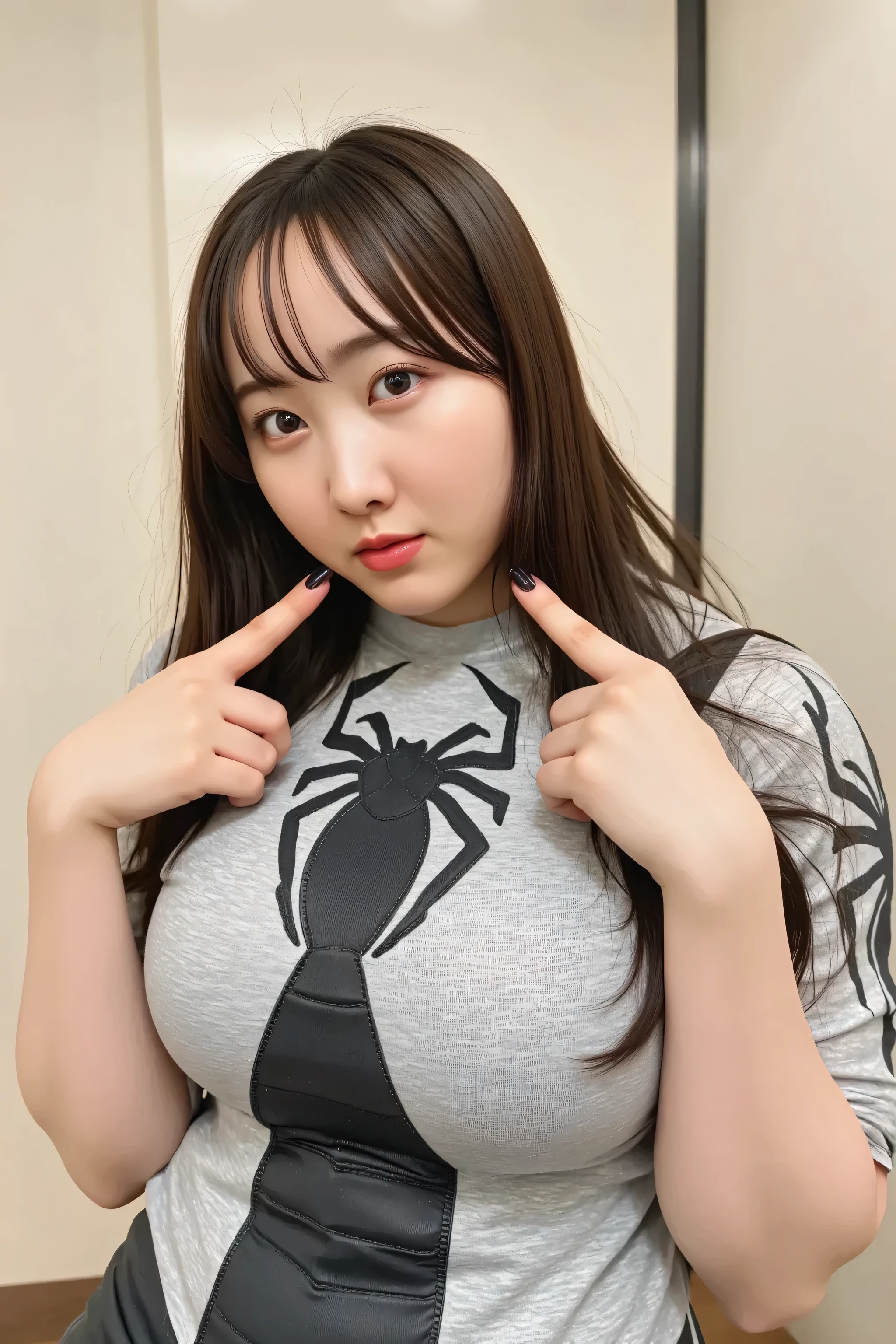 Full-figured body, Plus-size woman, Spider-Man, Peter Parker, NSFW, 1 girl, (cleavage cutout : 2.5), realistic cleavage, (She is wearing nothing but a highly detailed, realistic, skin-tight latex Spider-Man suit with a plunging neckline. : 1.9), (cameltoe : 1.9), (Deep Cleavage : 1.9), (plump and curvy body : 1.8), Full-body shot from a moderate distance, looking at the camera, sensual, Voluptuous Style,