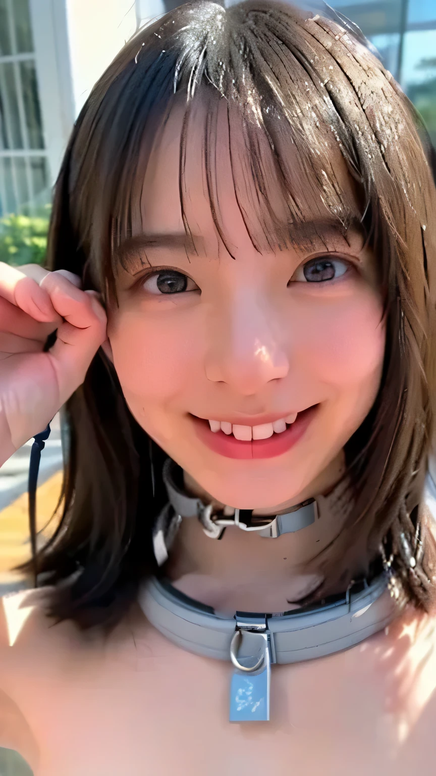 triangle-bikini,(open mouth:1.5),(tongue out:2),Kneeling,Hands between legs,Collar with leash,leash pull,front view,face focus,from above(1girl,Beautiful 14 year old girl,teenager),((Slender,Small breasts,Small face,)),(looking at viewer),Black Hair,bangs,Poolside