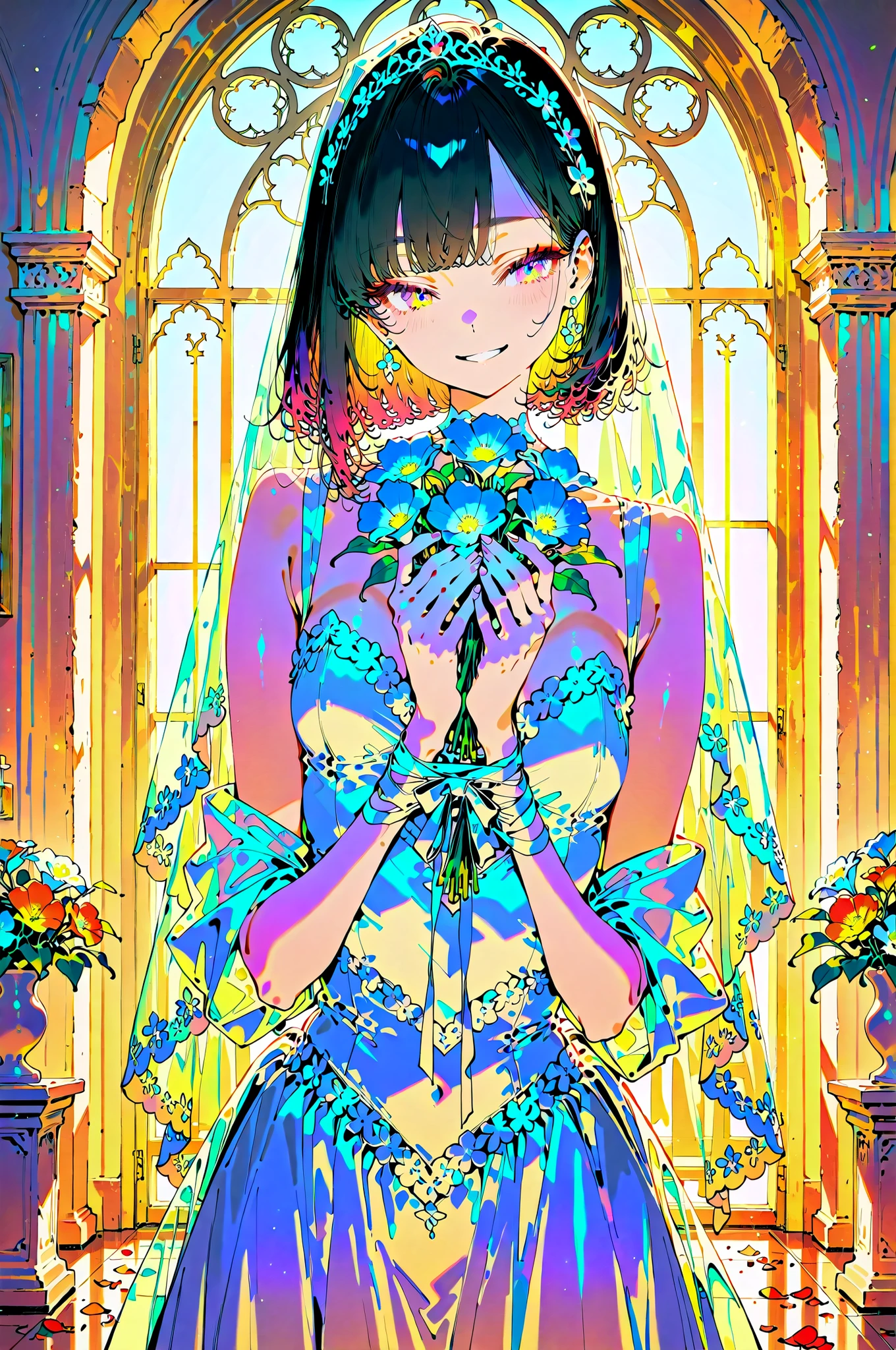 ((Best quality, 8k, Masterpiece: 1.3)), Sharp focus A beautiful woman with perfect body, Slim abdomen, A bride in a princess-line wedding dress standing at a sunlit wedding venue, holding a bouquet in her hands. Her black hair is elegantly tied up, and she shows a gentle, blissful smile. Petals are floating in the air around her, as warm sunlight pours down, illuminating the scene with a romantic and soft glow. The atmosphere is full of joy and celebration, with floral decorations in the background. Cinematic lighting, dreamy and elegant style, high detail, soft focus.