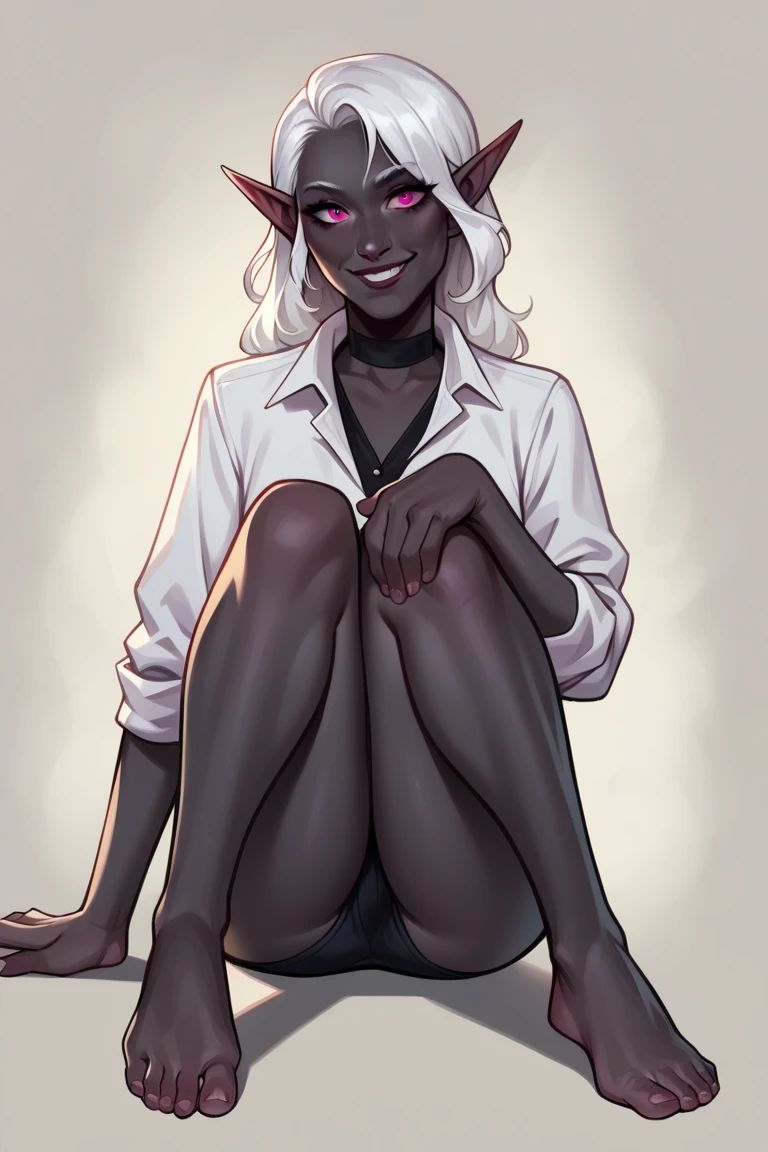 Feet, hannahowo, flat chest, wet, no clothes, pussy, greyscale, loish style, white hair, long hair, dark skin, sitting on the ground, pussy juice, look pretty, seems to want sex, look at the viewer, from the side, play with her feet