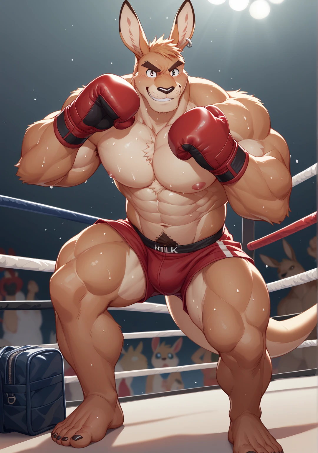 ((solo)), (anthro:1.2) bear (lora; little john), adult, (athletic:1.4), (dense muscles), (super strong:1.4), (correct anatomy:1.2), (broad shoulders:1.2), (heavy build, massive body:1.6), (realistic fur, detailed brown fur texture:1.3), detailed background (corner of the kickboxing ring:1.6), photorealistic, (black compression shorts), (bare torso:1.4), (foowear:1.2), (detailed clothing), hyperrealistic, ultradetailed, (by wfa:1.2), (by takemoto_arashi, by vorusuarts, by Traver009:1, by grimfaust:1), natural lighting, (wet. sweat:1.4), exhausted, ursine head (open eyes, brown mane), (steaming breath:1.2), ((serious:1.4) expression), (kicking:1.6), (view from right:1.4)