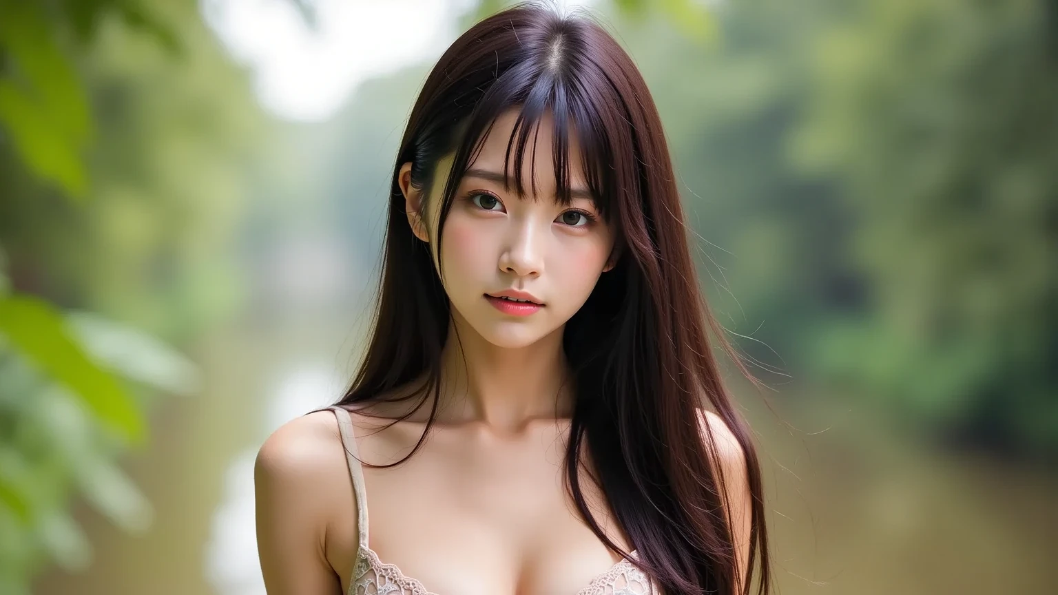 masterpiece, highest quality, High resolution, table top、wallpaper, realistic, bright lighting, professional lighting, face light, smooth lighting, japanese girl, cute, sad expression, Beautiful girl, gravure, sexy, super beautiful, beautiful skin, beautiful and detailed eyes、detailed face、slim、moderately、Medium hair, brunette colored hair, brown eyes, looking away, bandeau top, The morning sunlight shines through the misty forest.