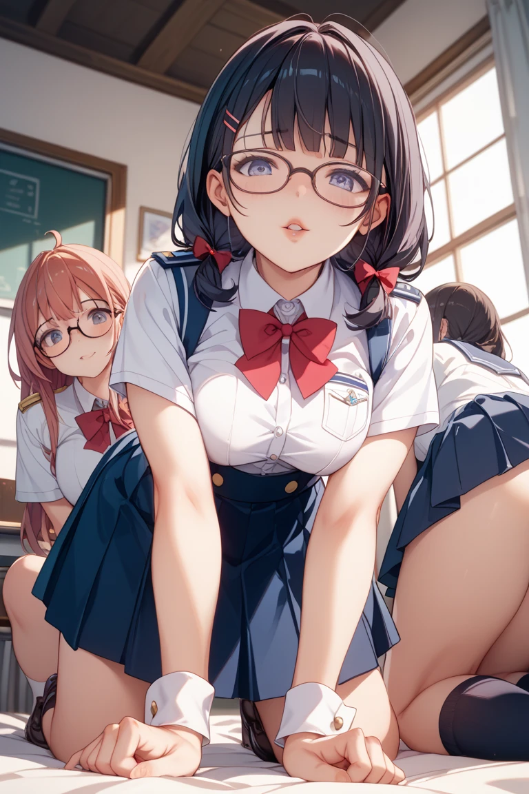 Super detailed, best quality, High resolution, Moe anime, ((((Three cute little girls with black hair hug each other)))), ((He wears large glasses with round, thin frames.)), (baby face), ((Big eyes:1.8, drooping eyes:1.2)), dark blue eyes, cute eyes, detailed eye description, brilliance of eyes, view audience, pale skin, ((())), NSFW, focus on the face, ((bust shot)), ((naked school uniform, String panties)), Nipples are showing through, In the classroom, Navel exposed, bare shoulders, Skirt-lift, Shirt-lift, ((flat chest)), From the back, small ass, wriggling the body, ribbon